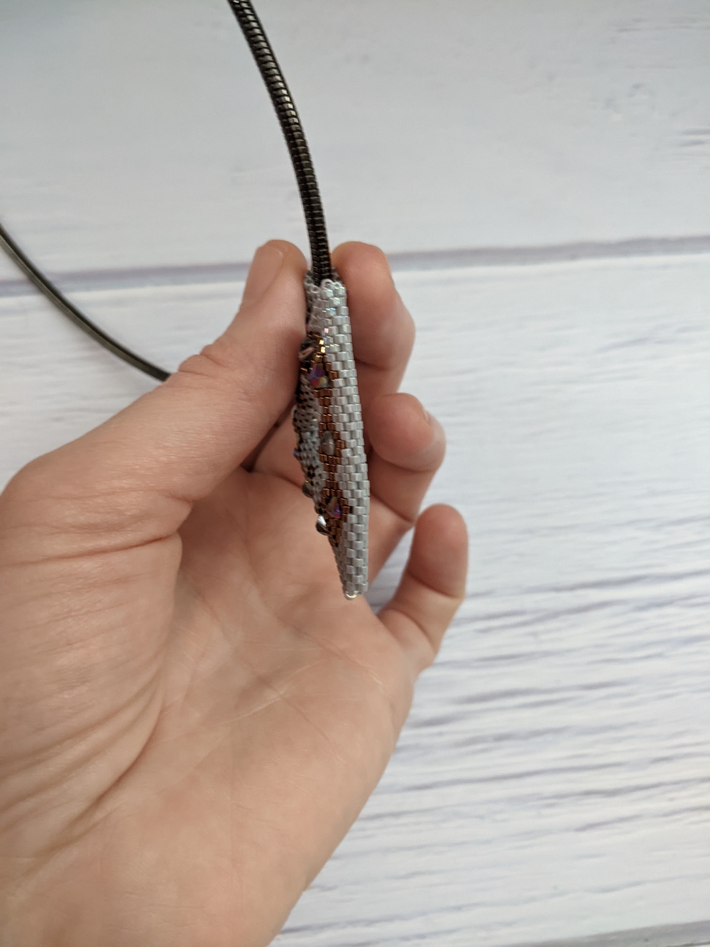 Iridescent Silver & Gold Triangle Beaded Pendant Necklace - Picture 6 of 9
